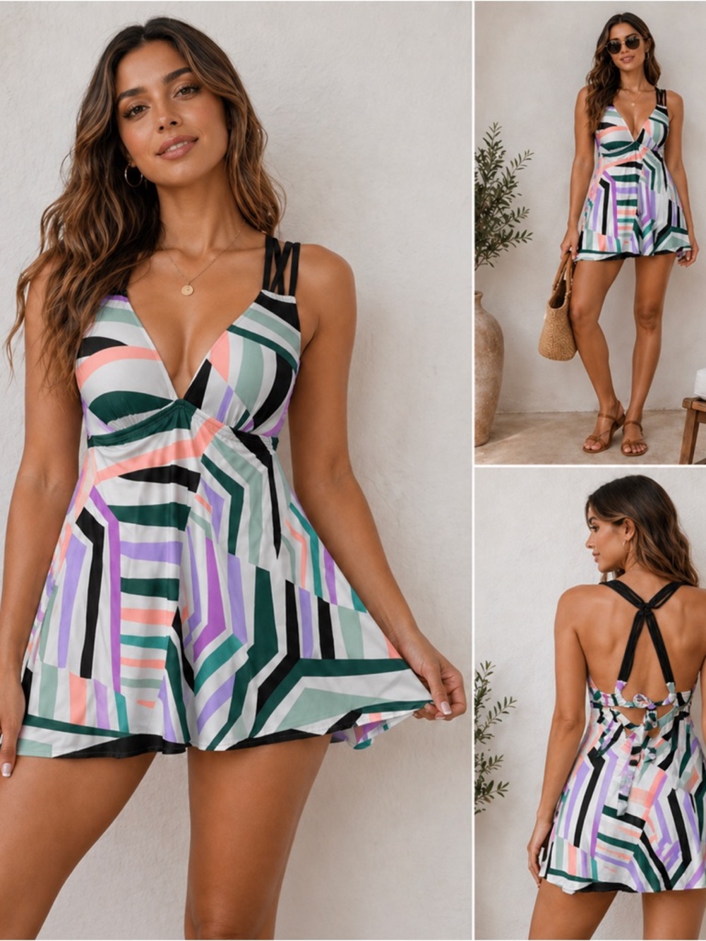 Dippin Daisy’s Multicolor Geometric Tankini Top Womens M Strappy Back Swim‎